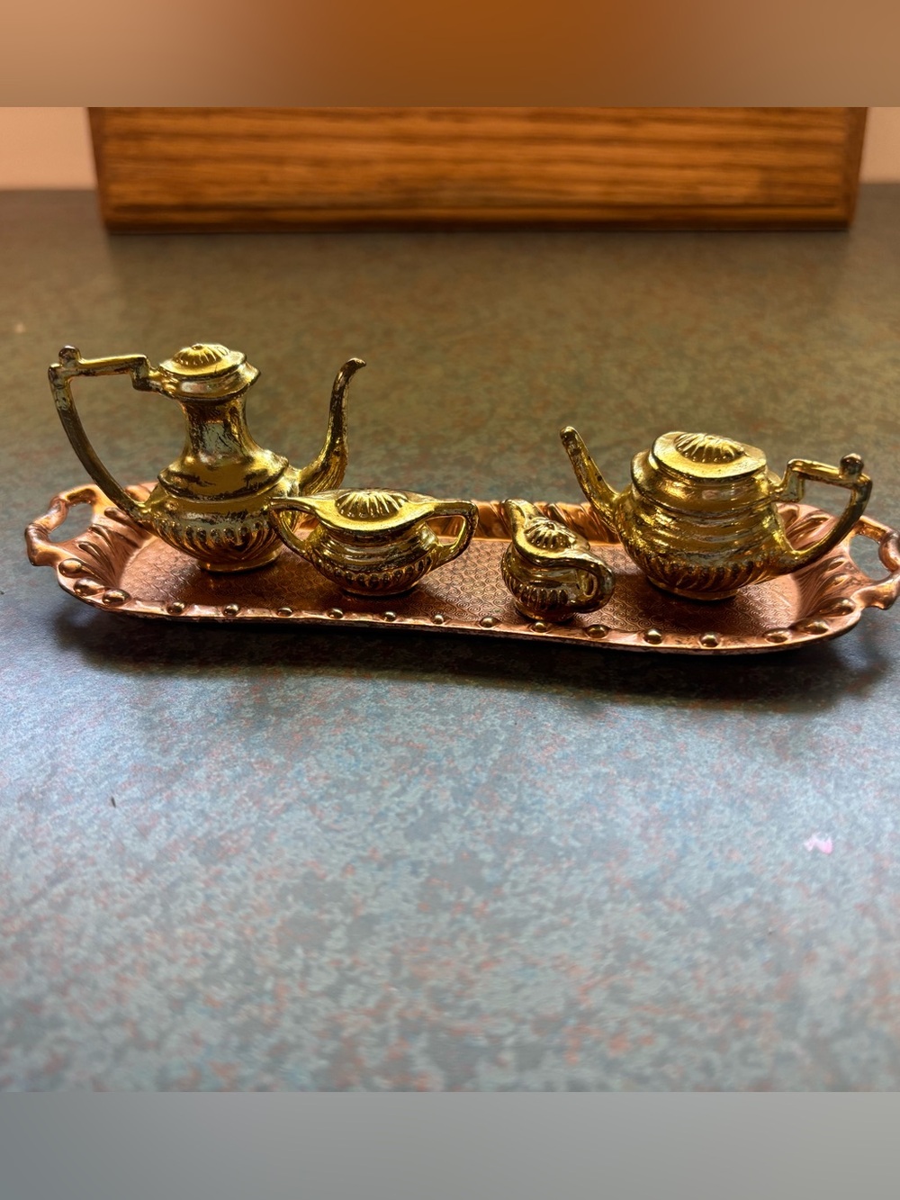 Vintage Miniature Brass Tea & Coffee Service on Copper Tray